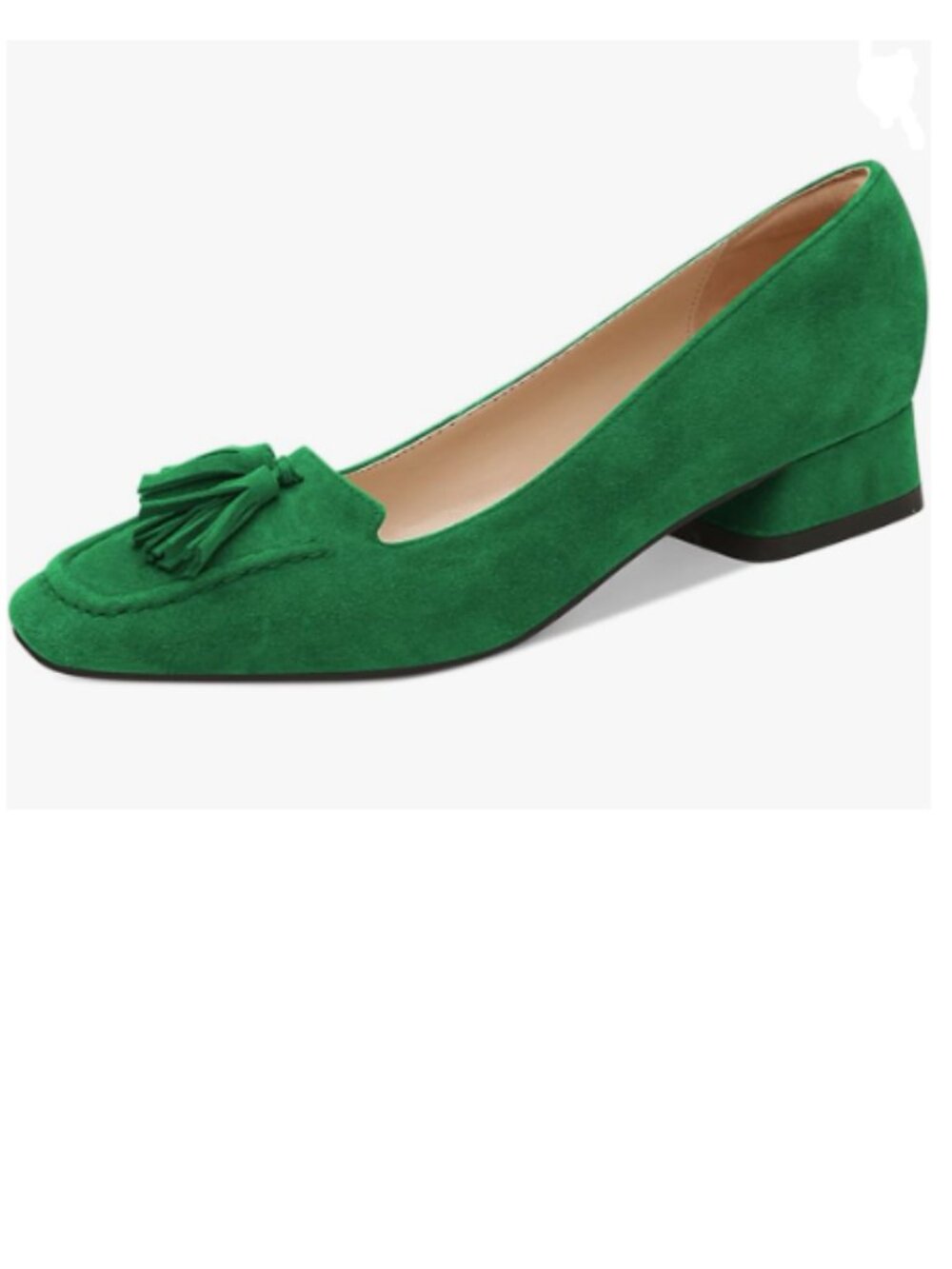 YDN Dark Green Block Low Heel Loafer Square Toe Tassel Fringe Pump Slip On Shoes